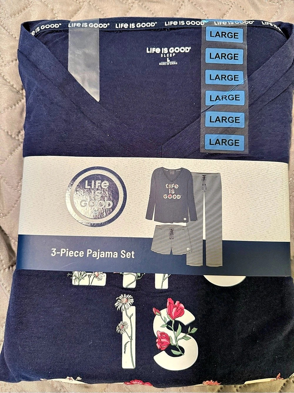 Life is Good 3-Piece Pajama Set Floral Navy & Pink Large NWT